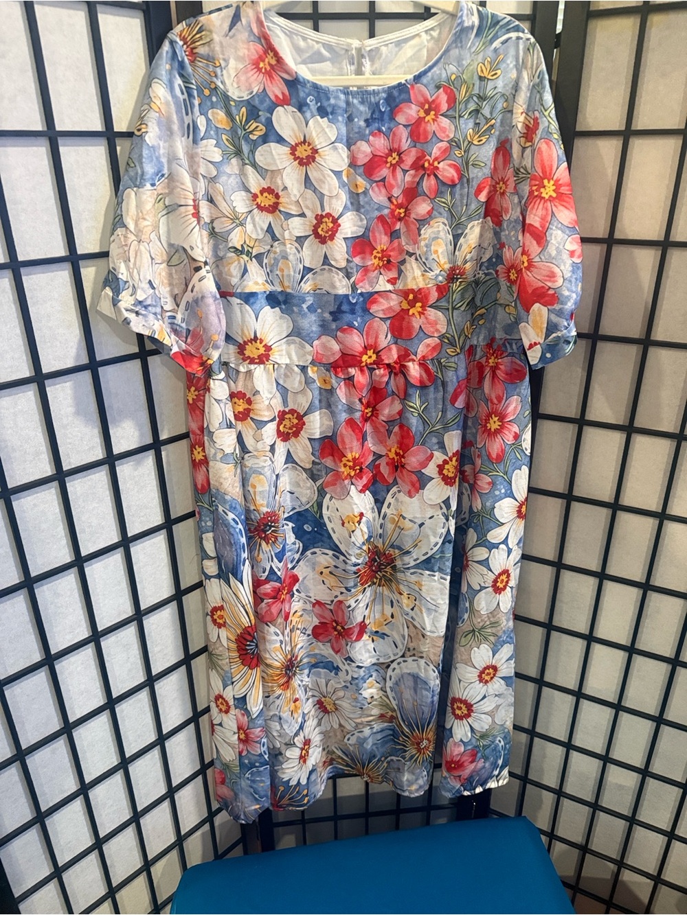 Blue Floral Short-Sleeve Shift Dress with Pink Blooms(G1)